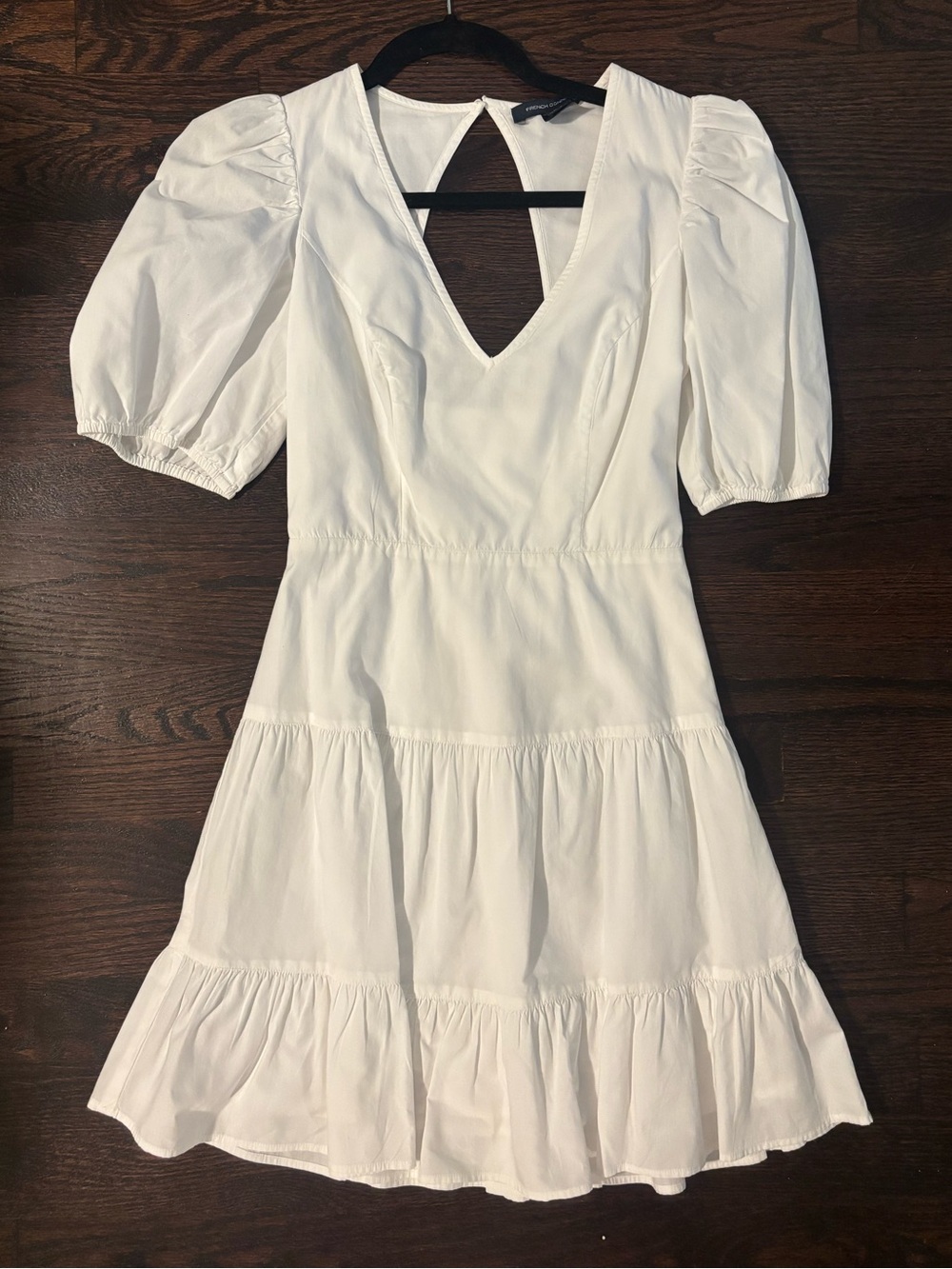French Connection White Puff-Sleeve Tiered V-Neck Dress